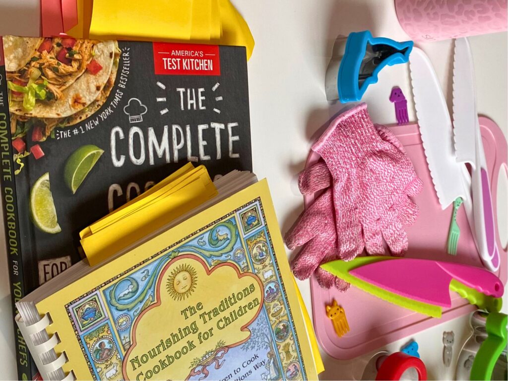 kids cookbooks, plastic knife set, and other kids kitchen products