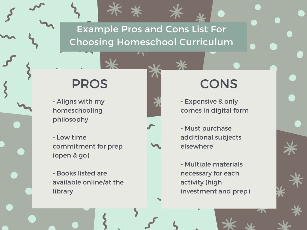 Example pros and cons list for choosing homeschool curriculum