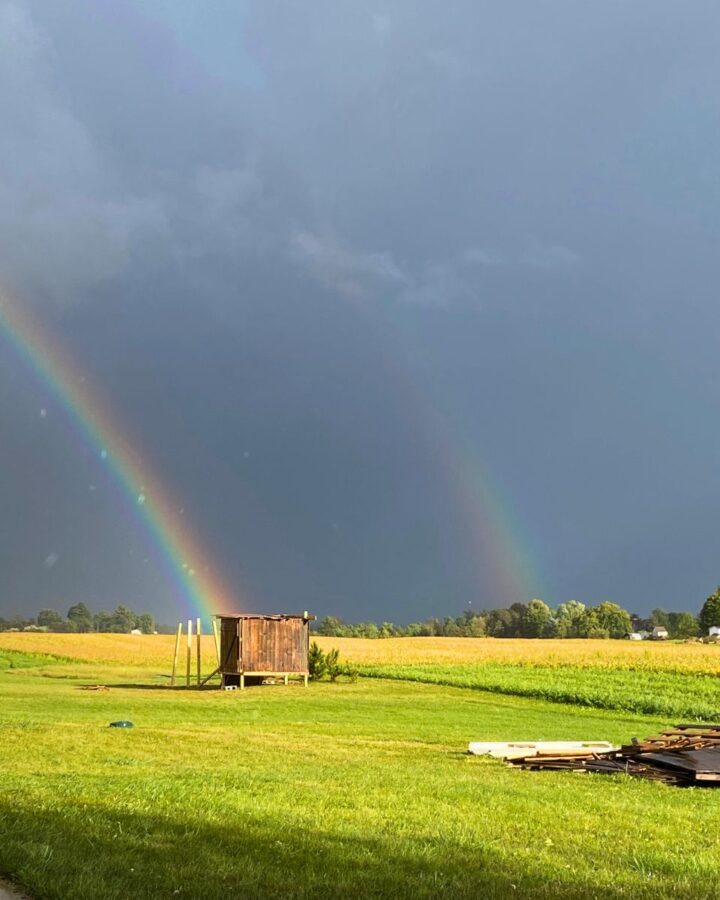 double rainbow above a homestead chicken coop in progress