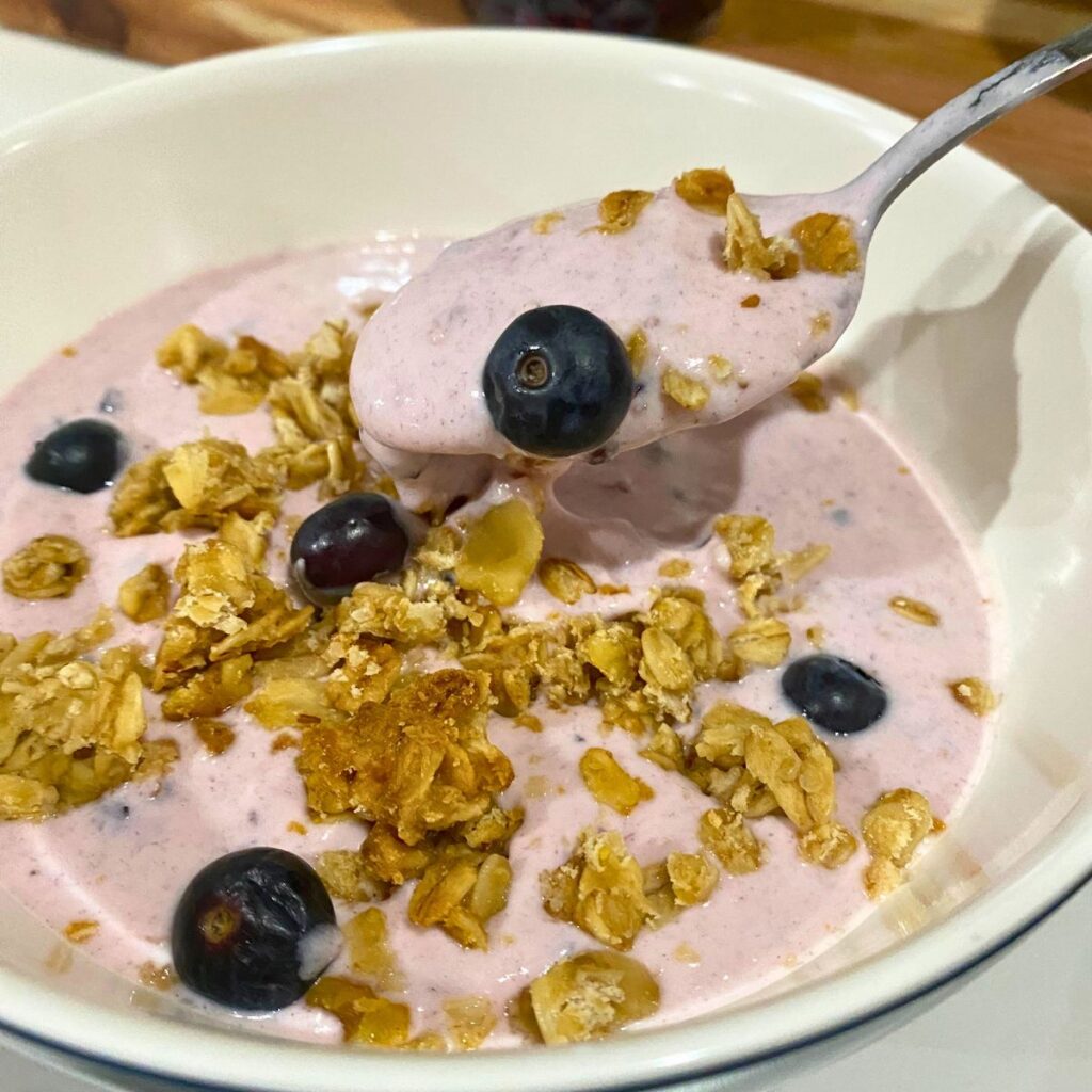 Bowl of homemade greek yogurt topped with blueberries and homemade granola