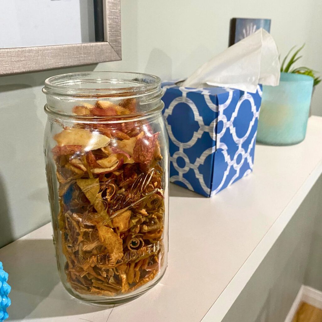 Wide-mouth glass quart mason jar on a shelf filled with dehydrated apple peels as a DIY and homemade potpourri. Added a cinnamon stick for additional scent 