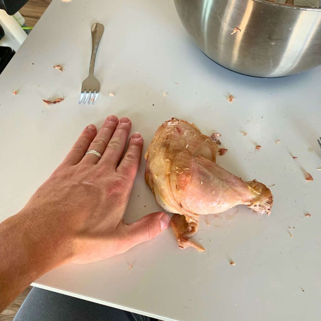 A size comparison of a man's hand on the left and a freshly processed chicken's thigh on the right